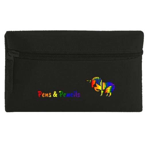 rainbow unicorn logo and text pencil case 